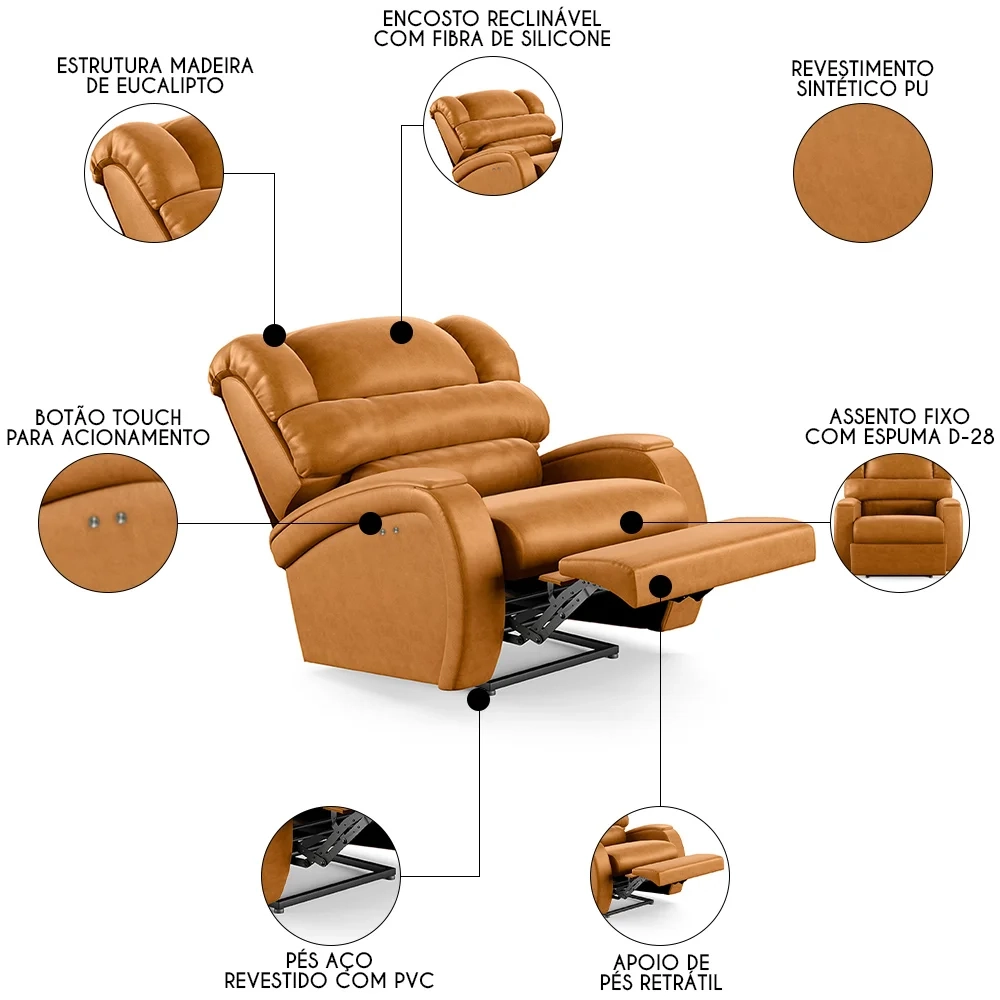 Poltrona do Papai Reclinável Kalie Power Touch FH9 PU Whisky - Mpozenato