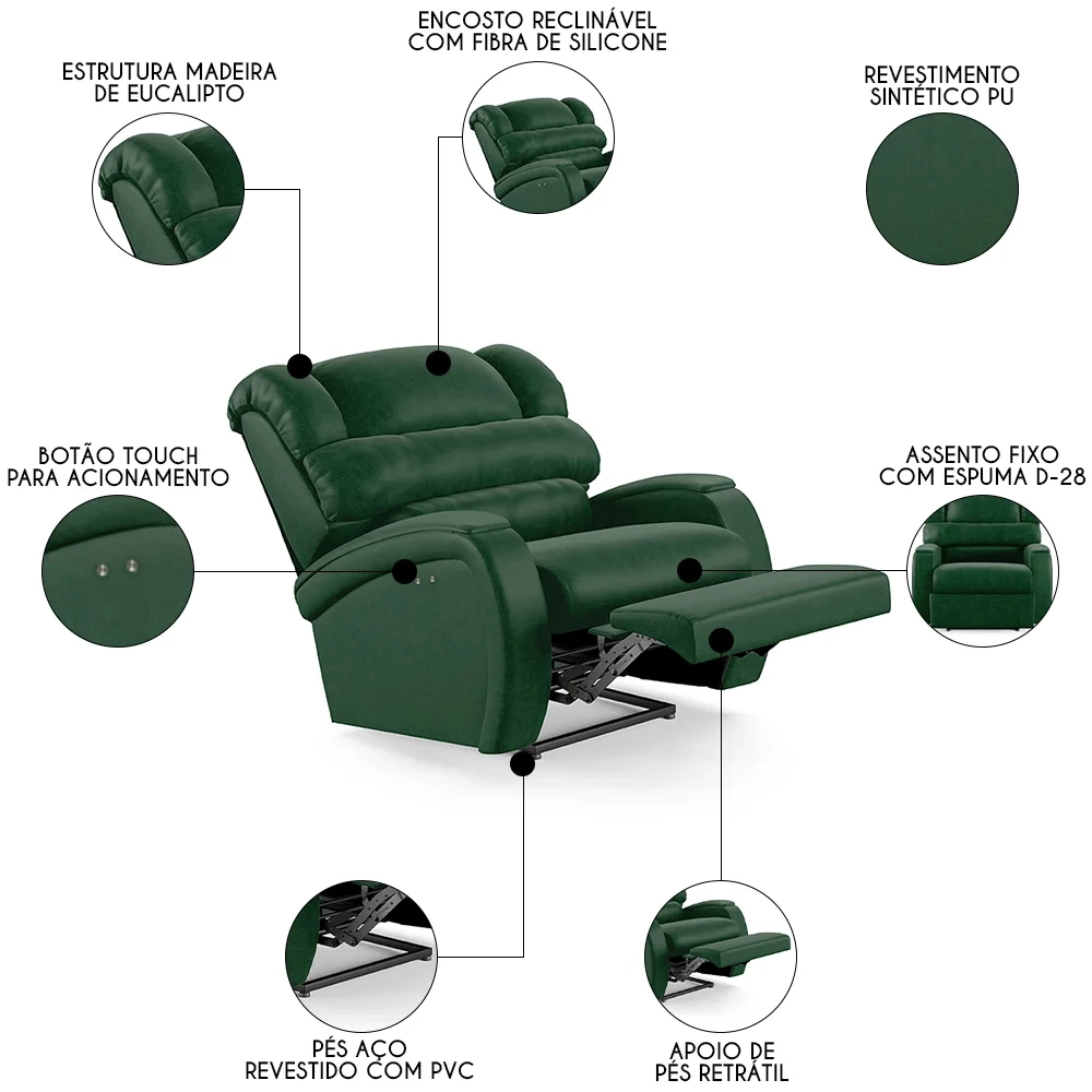 Poltrona do Papai Reclinável Kalie Power Touch FH9 PU Verde Musgo - Mpozenato