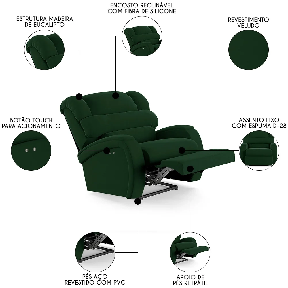 Poltrona do Papai Reclinável Kalie Power Touch FH9 Veludo Verde - Mpozenato