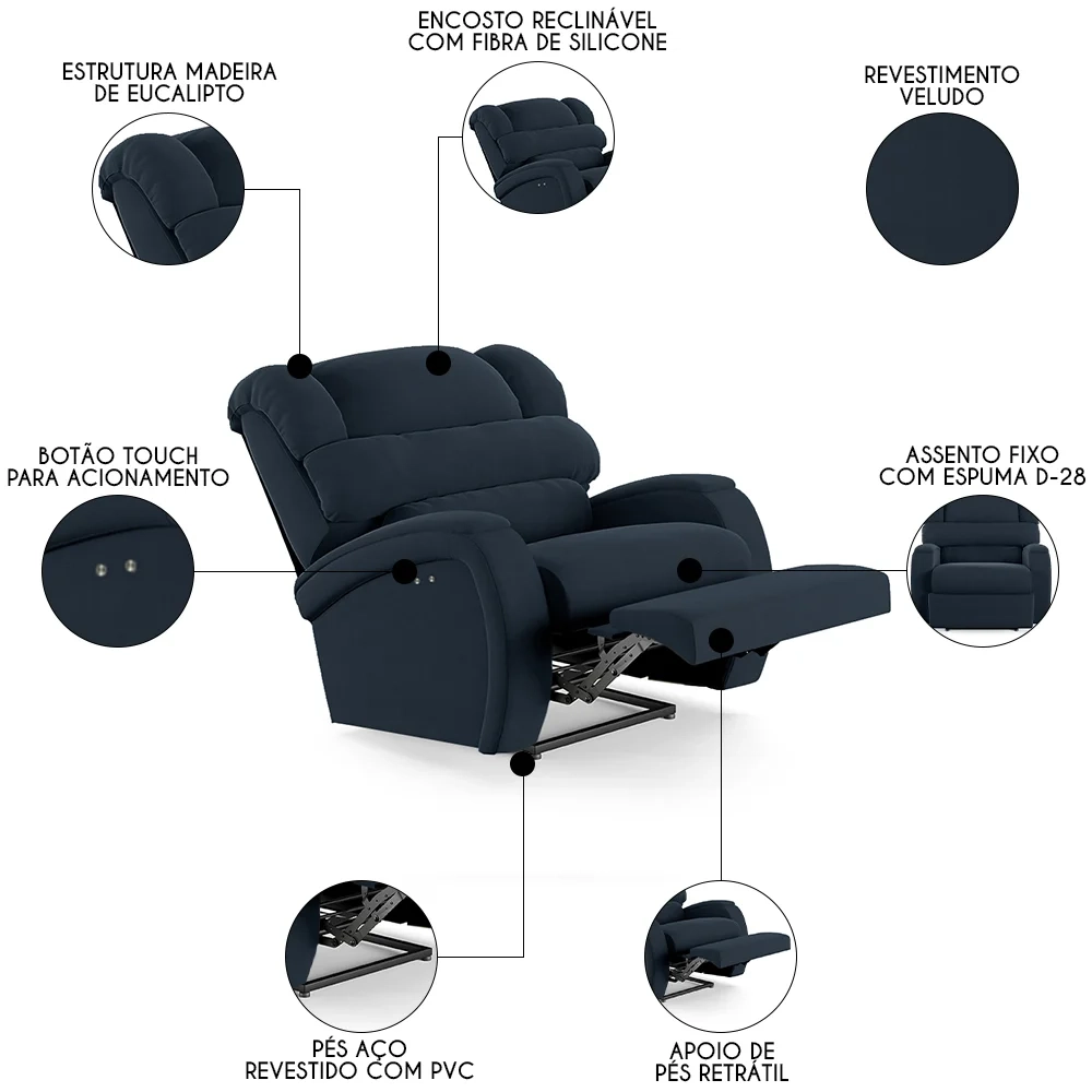 Poltrona do Papai Reclinável Kalie Power Touch FH9 Veludo Azul - Mpozenato