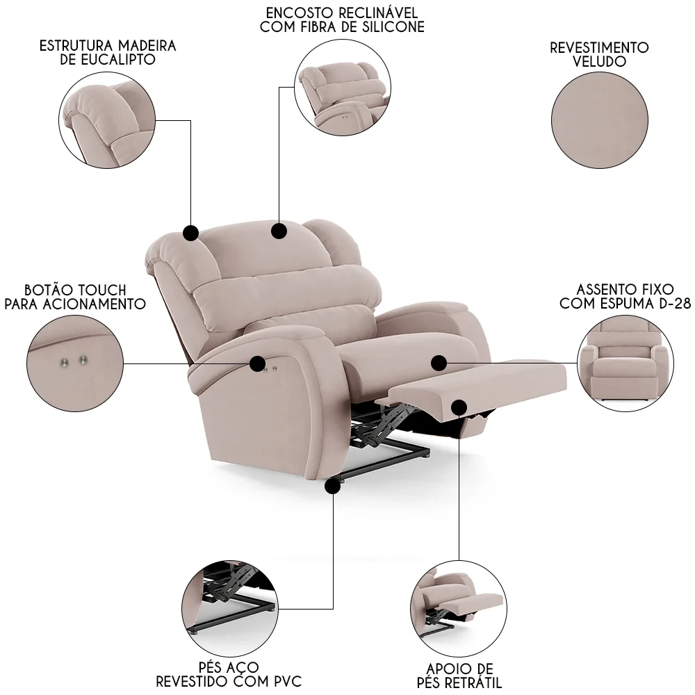 Poltrona do Papai Reclinável Kalie Power Touch FH9 Veludo Rosê - Mpozenato