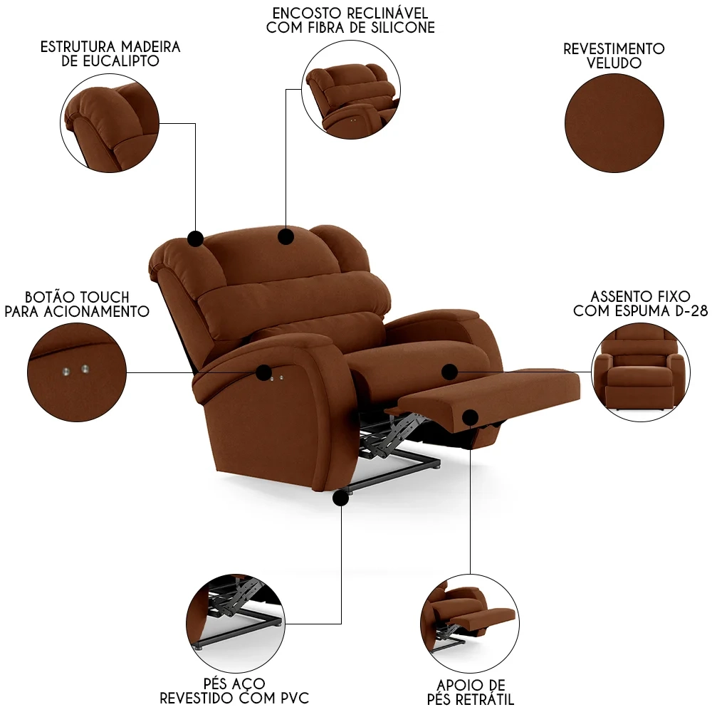 Poltrona do Papai Reclinável Kalie Power Touch FH9 Veludo Terracota - Mpozenato
