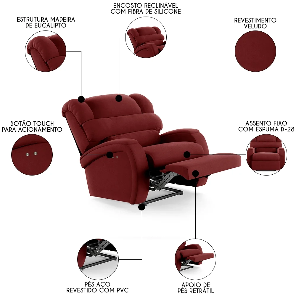 Poltrona do Papai Reclinável Kalie Power Touch FH9 Veludo Vermelho - Mpozenato