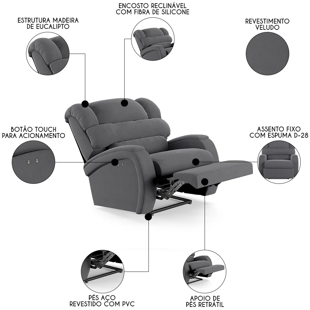 Poltrona do Papai Reclinável Kalie Power Touch FH9 Veludo Cinza - Mpozenato