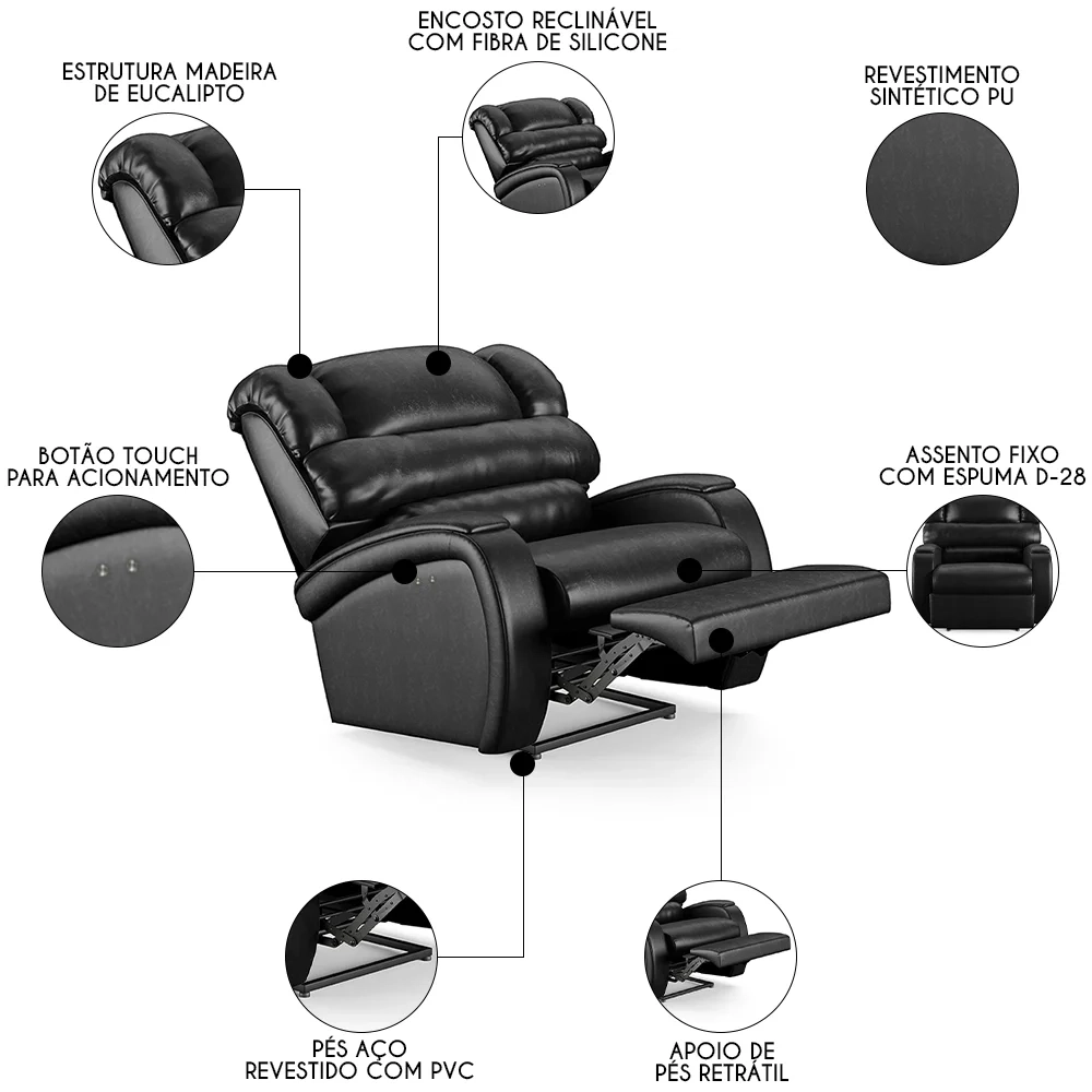 Poltrona do Papai Reclinável Kalie Power Touch FH9 PU Preto Brilho - Mpozenato