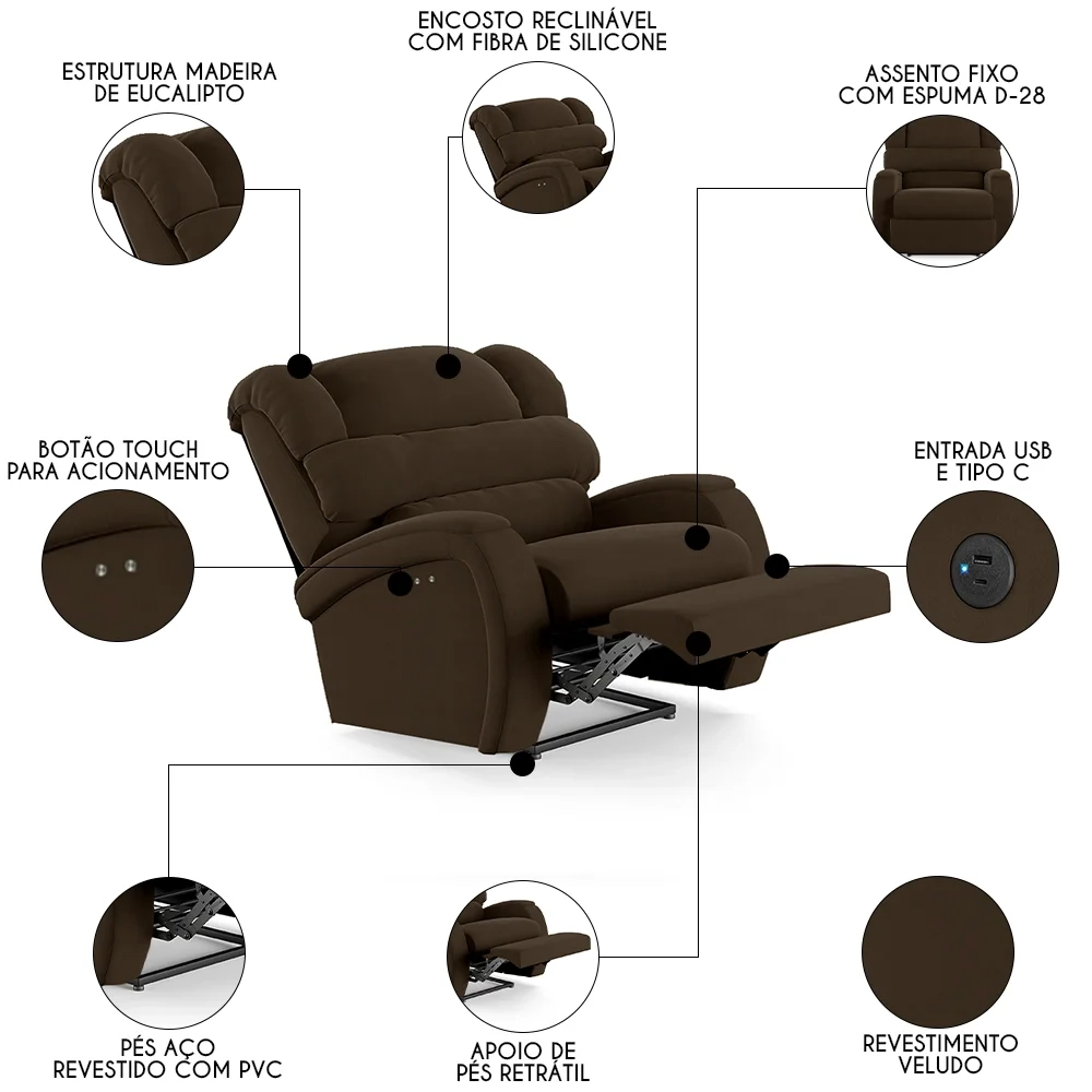 Poltrona do Papai Reclinável Kalie Power Touch USB FH9 Veludo Marrom - Mpozenato