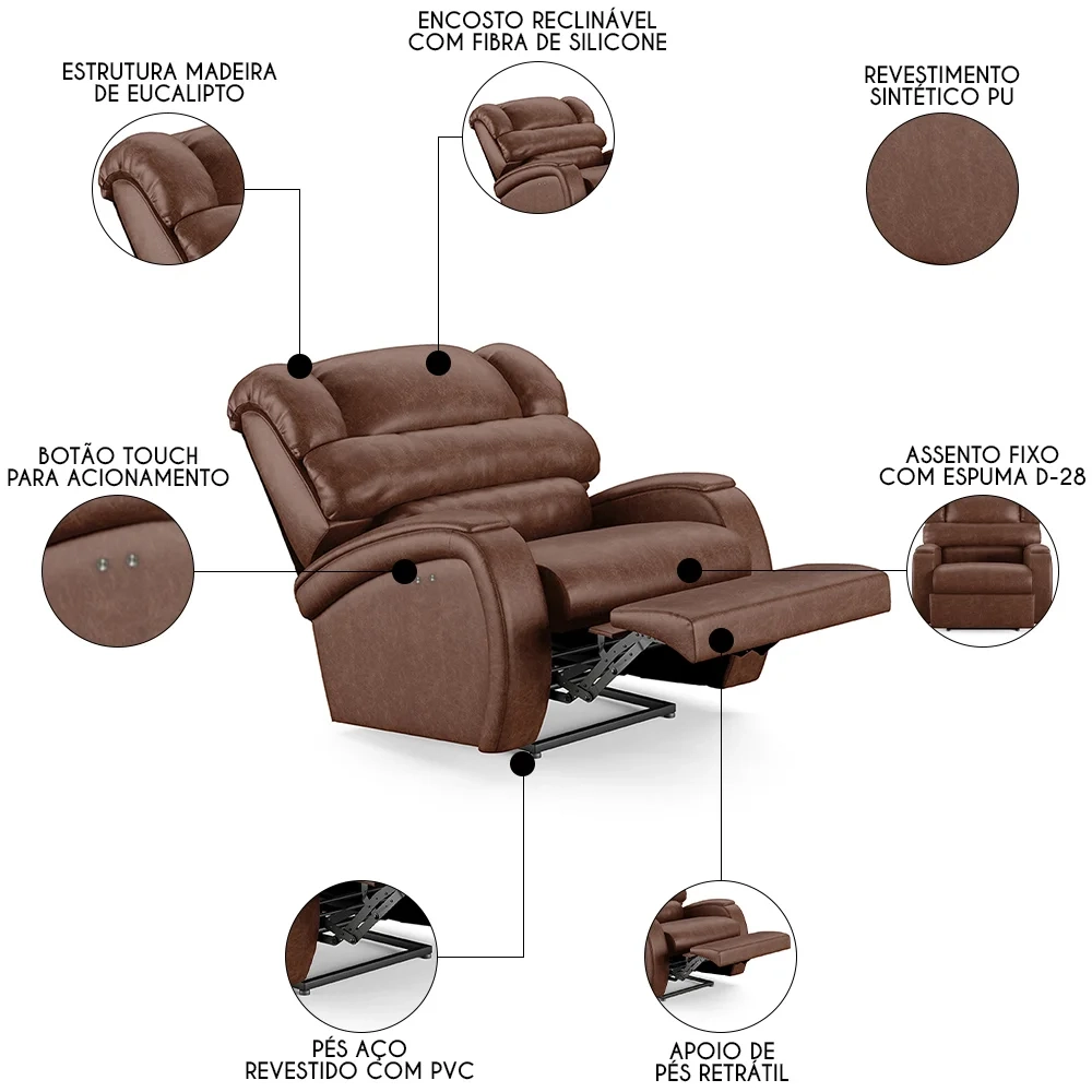 Poltrona do Papai Reclinável Kalie Power Touch FH9 PU Marrom Brilho - Mpozenato