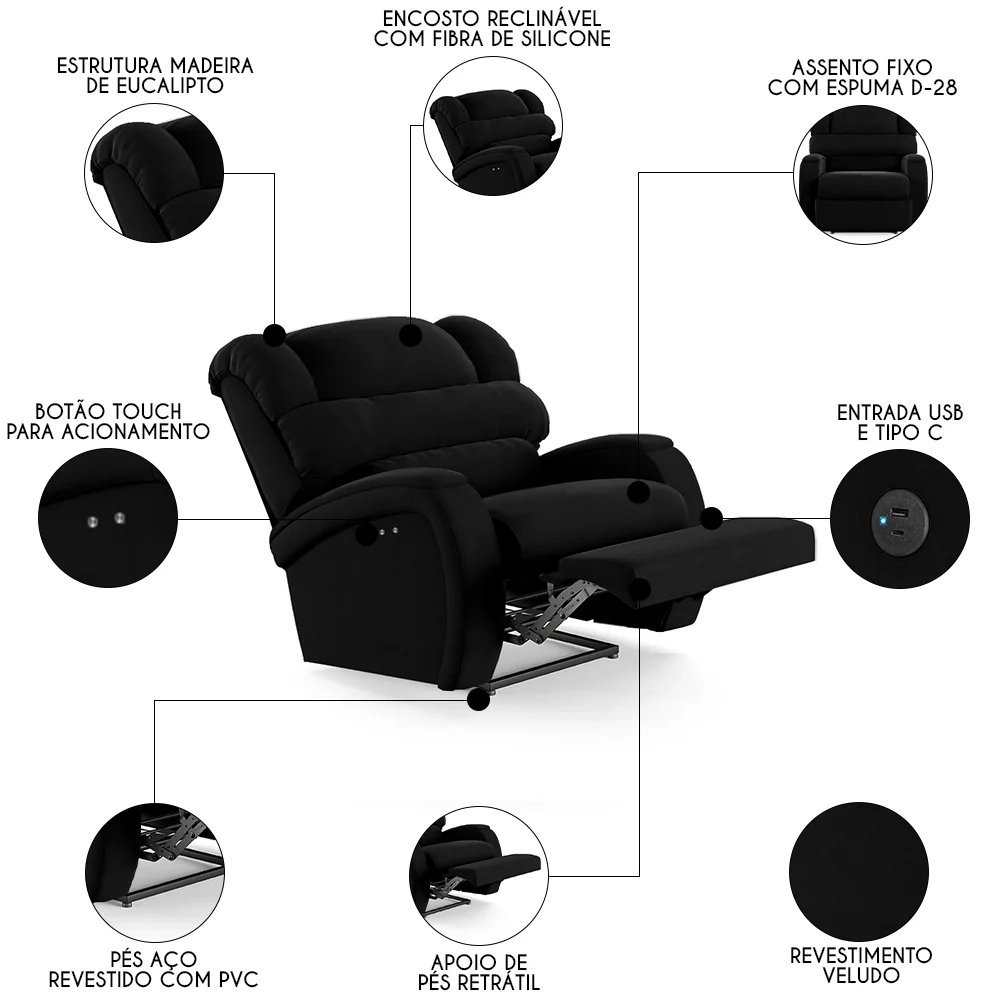 Poltrona do Papai Reclinável Kalie Power Touch USB FH9 Veludo Preto - Mpozenato
