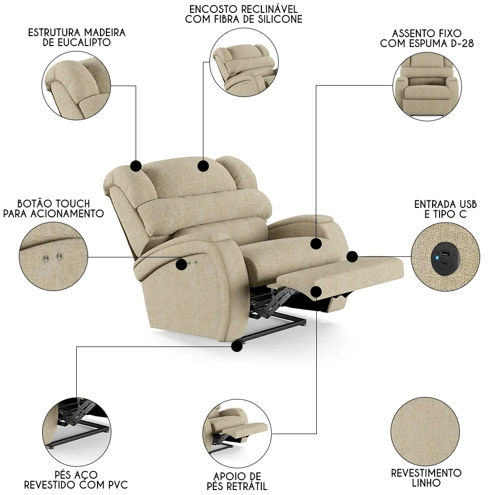 Poltrona do Papai Reclinável Kalie Power Touch USB FH9 Linho Bege - Mpozenato