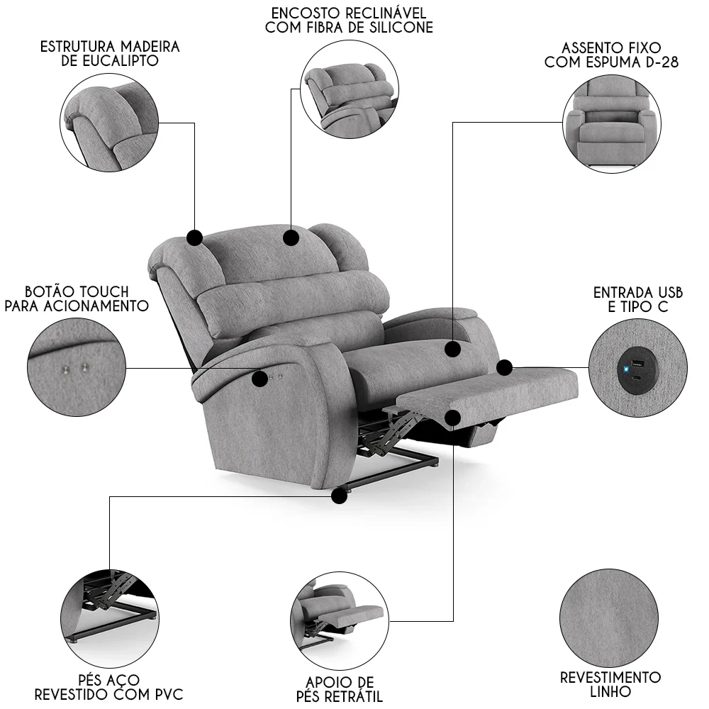 Poltrona do Papai Reclinável Kalie Power Touch USB FH9 Linho Cinza - Mpozenato