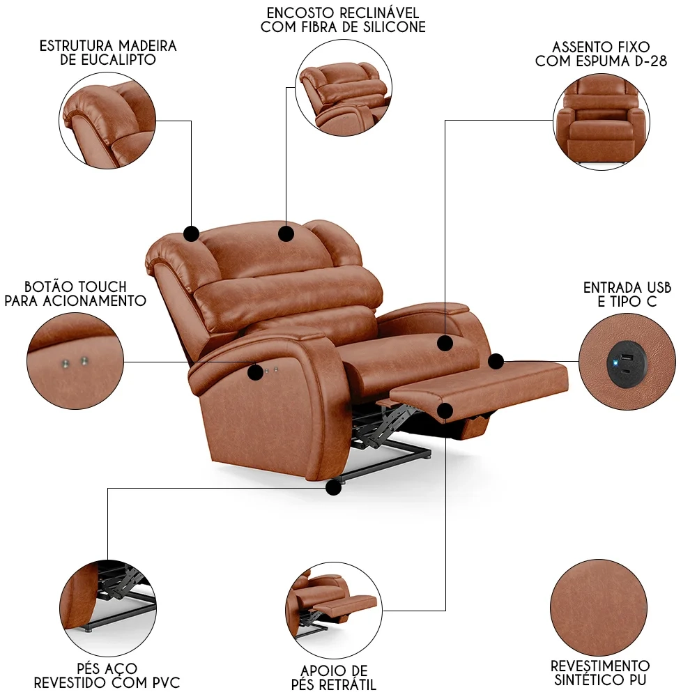 Poltrona do Papai Reclinável Kalie Power Touch USB FH9 PU Caramelo Brilho - Mpozenato