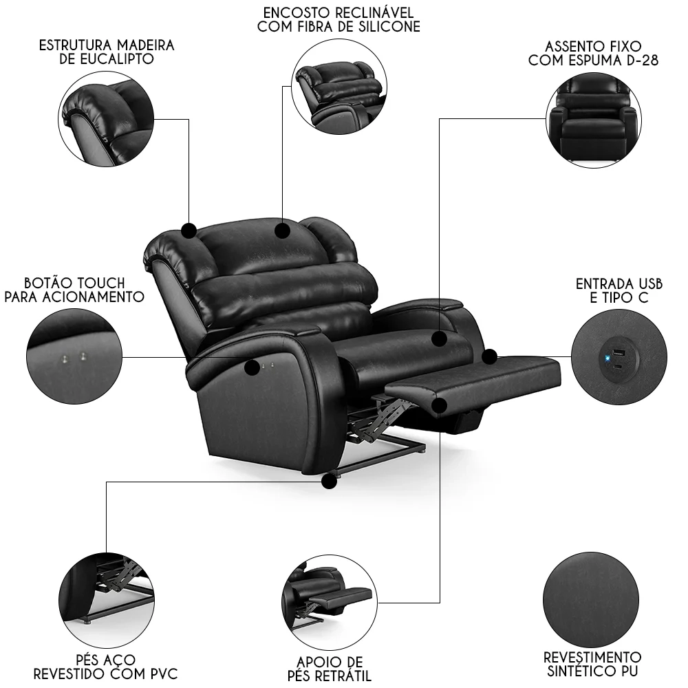 Poltrona do Papai Reclinável Kalie Power Touch USB FH9 PU Preto Brilho - Mpozenato