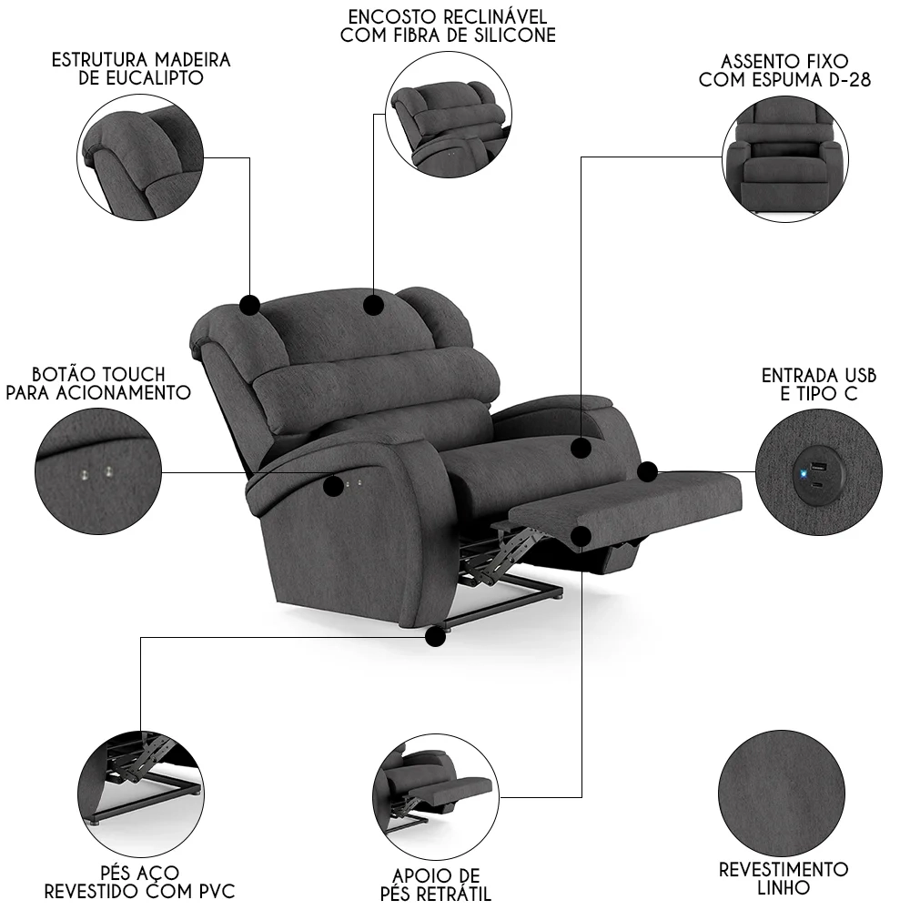 Poltrona do Papai Reclinável Kalie Power Touch USB FH9 Linho Grafite - Mpozenato