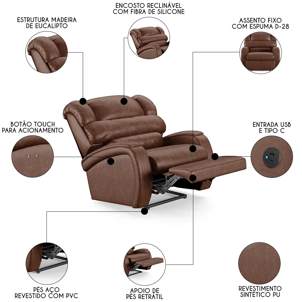 Poltrona do Papai Reclinável Kalie Power Touch USB FH9 PU Marrom Brilho - Mpozenato