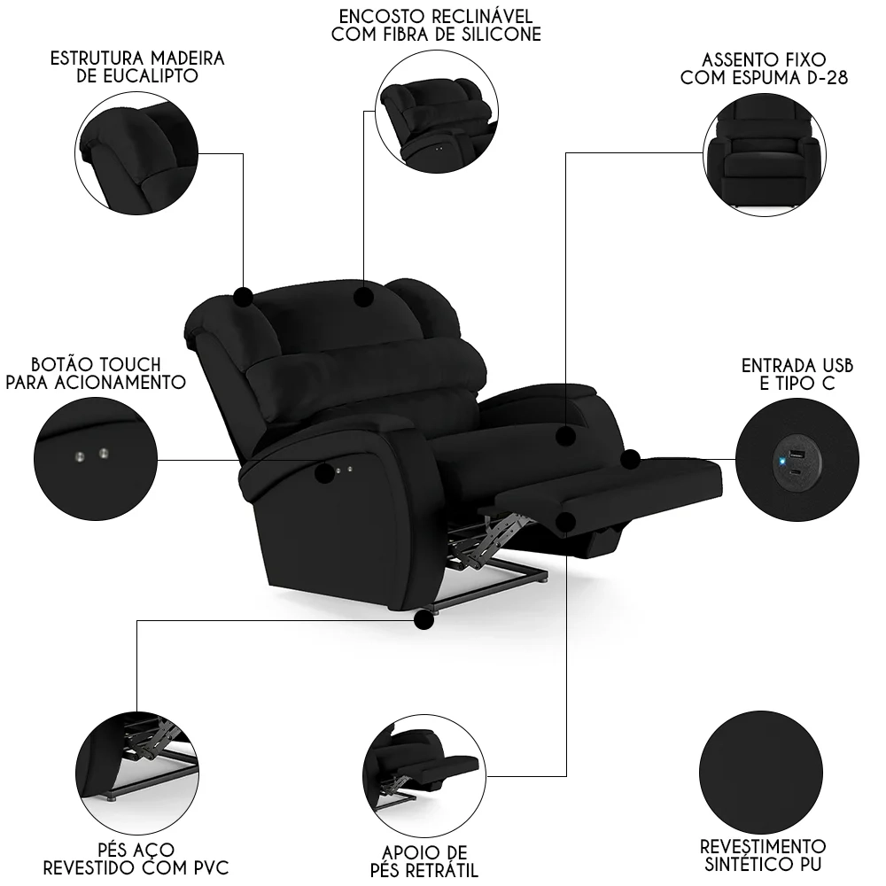 Poltrona do Papai Reclinável Kalie Power Touch USB FH9 PU Preto - Mpozenato