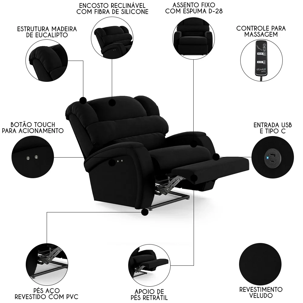 Poltrona do Papai Reclinável Kalie Power Touch Massagem FH9 Veludo Preto - Mpozenato