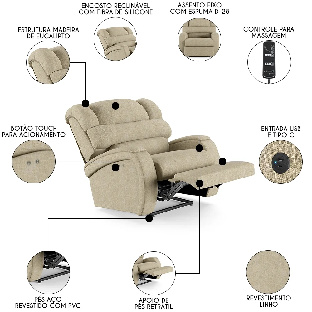 Poltrona do Papai Reclinável Kalie Power Touch Massagem FH9 Linho Bege - Mpozenato
