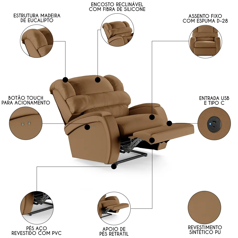 Poltrona do Papai Reclinável Kalie Power Touch USB FH9 PU Caramelo - Mpozenato