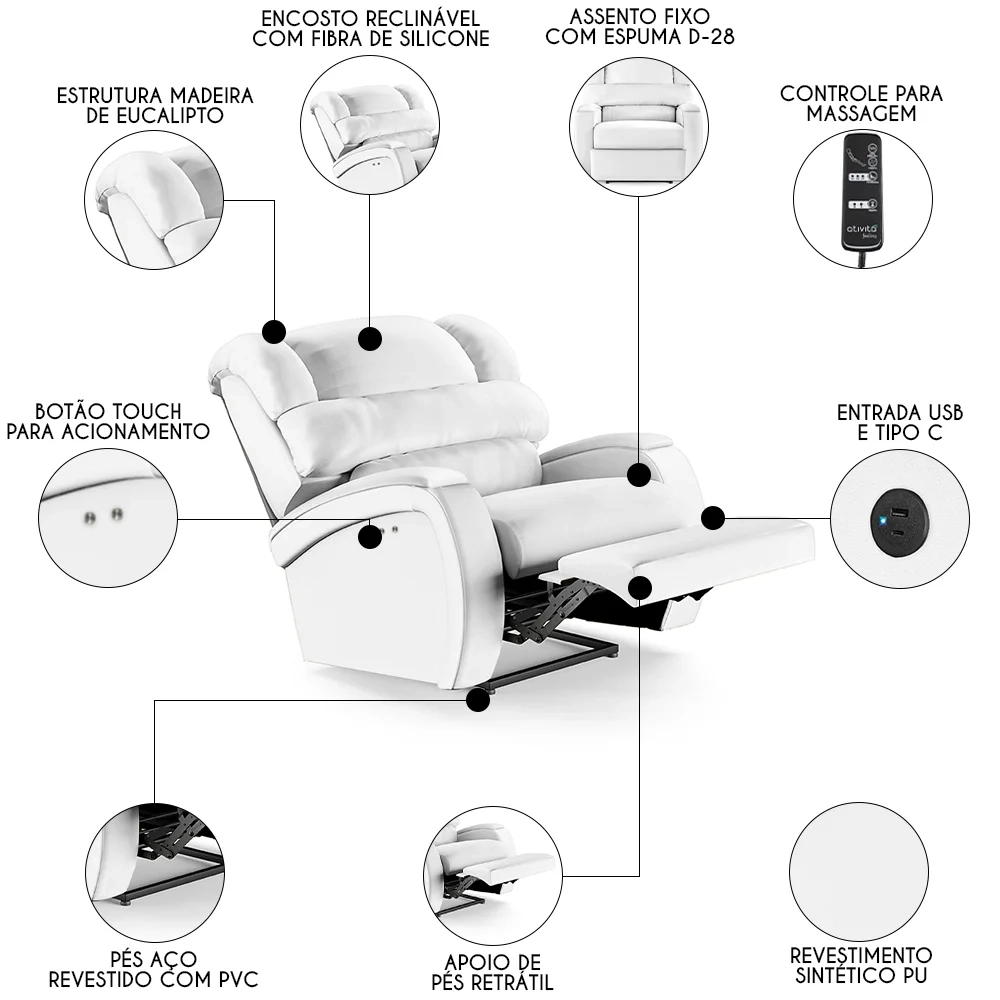 Poltrona do Papai Reclinável Kalie Power Touch Massagem FH9 PU Branco - Mpozenato