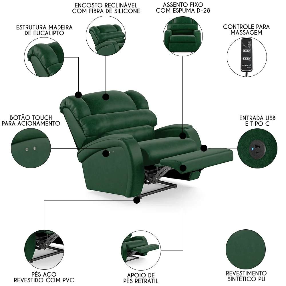 Poltrona do Papai Reclinável Kalie Power Touch Massagem FH9 PU Verde Musgo - Mpozenato
