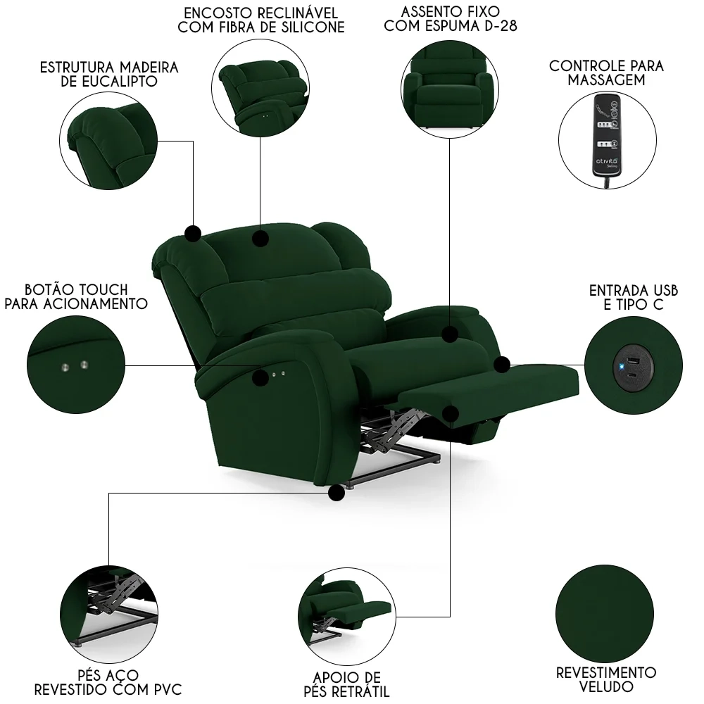 Poltrona do Papai Reclinável Kalie Power Touch Massagem FH9 Veludo Verde - Mpozenato