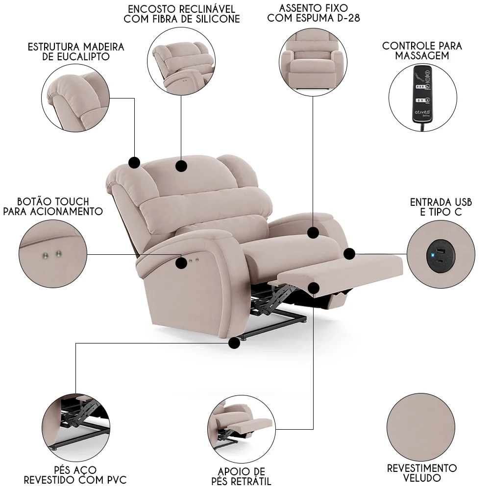 Poltrona do Papai Reclinável Kalie Power Touch Massagem FH9 Veludo Rosê - Mpozenato