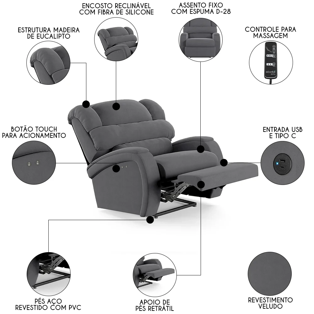 Poltrona do Papai Reclinável Kalie Power Touch Massagem FH9 Veludo Cinza - Mpozenato