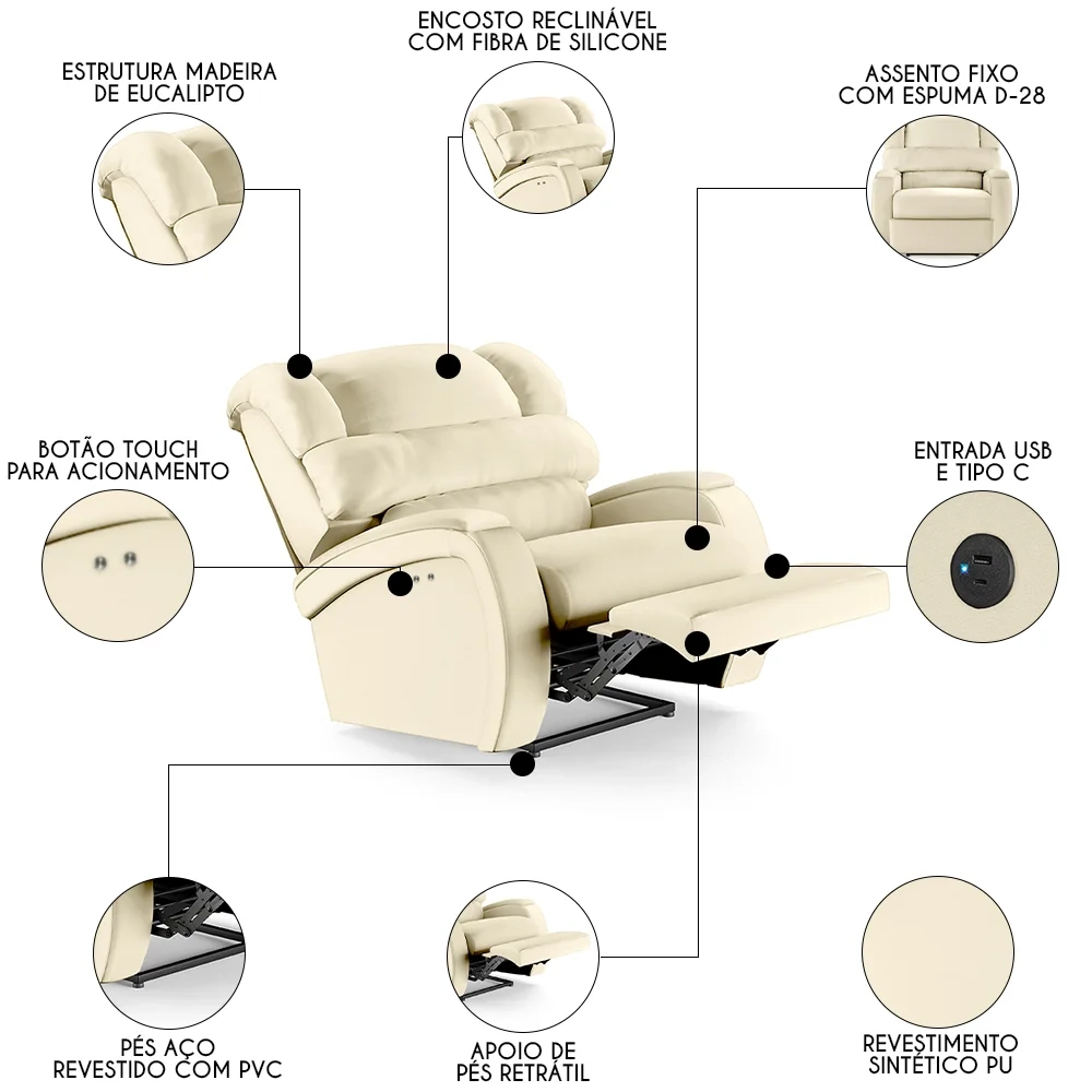 Poltrona do Papai Reclinável Kalie Power Touch USB FH9 PU Bege - Mpozenato