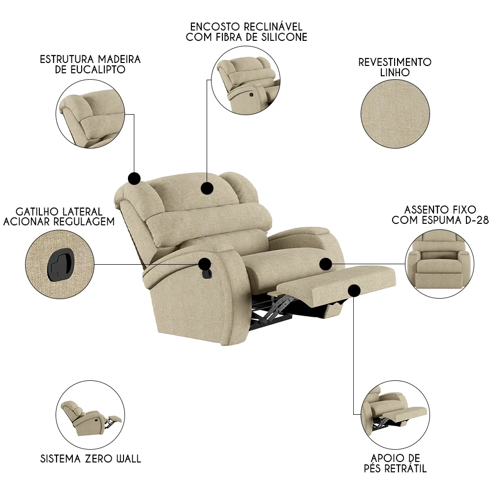Poltrona do Papai Reclinável Kalie Manual Gatilho FH9 Linho Bege - Mpozenato