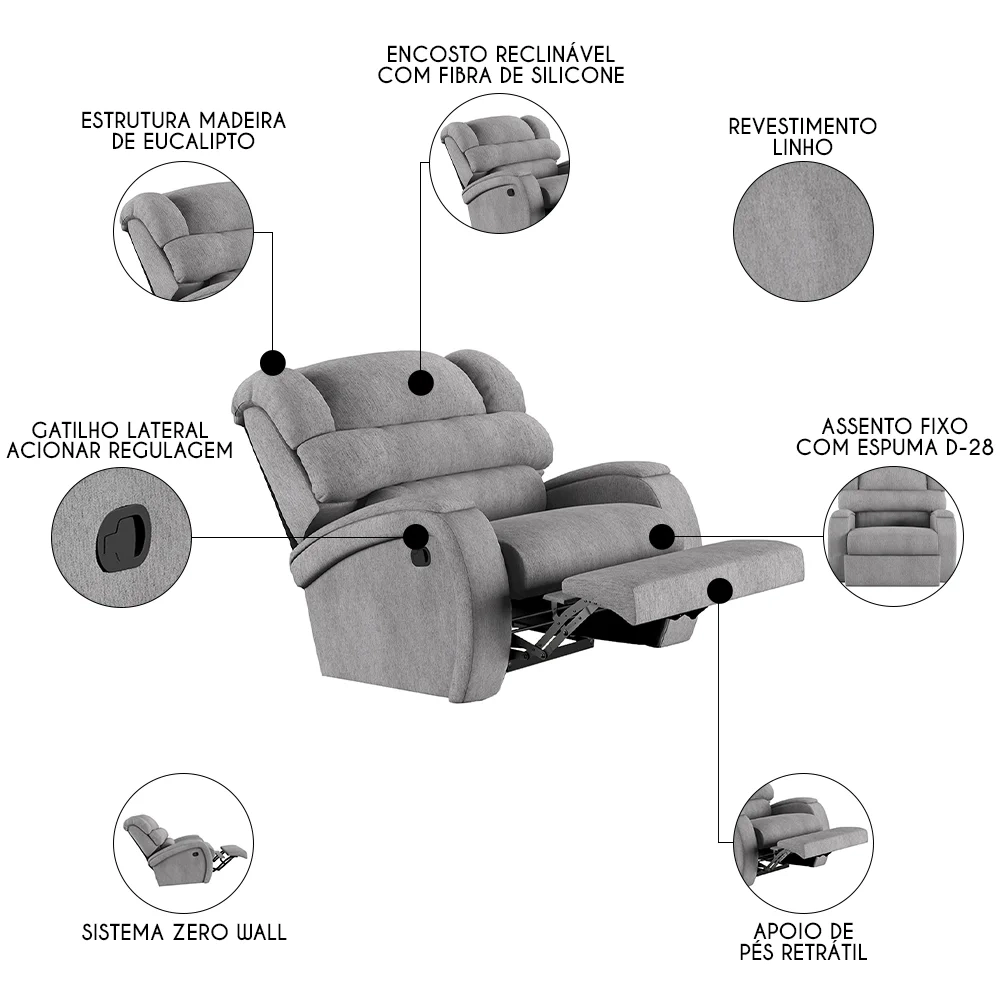 Poltrona do Papai Reclinável Kalie Manual Gatilho FH9 Linho Cinza - Mpozenato