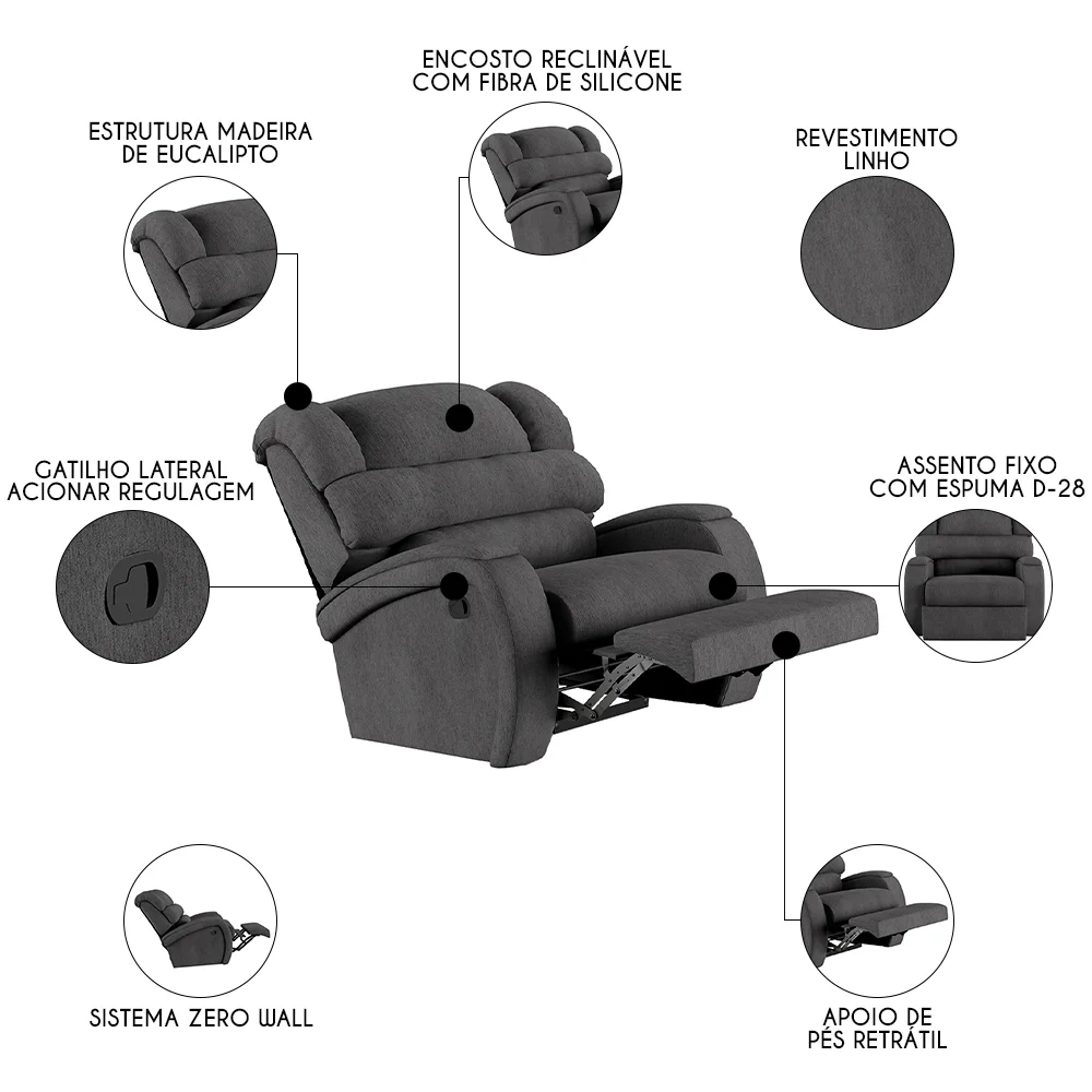 Poltrona do Papai Reclinável Kalie Manual Gatilho FH9 Linho Grafite - Mpozenato