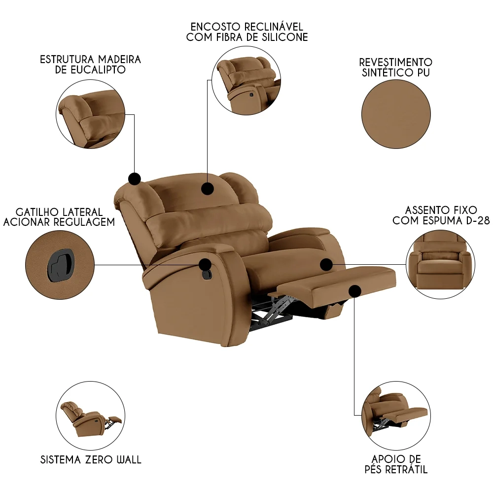 Poltrona do Papai Reclinável Kalie Manual Gatilho FH9 PU Caramelo - Mpozenato