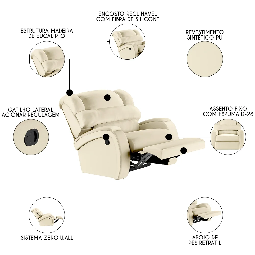 Poltrona do Papai Reclinável Kalie Manual Gatilho FH9 PU Bege - Mpozenato