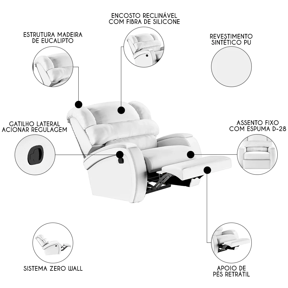 Poltrona do Papai Reclinável Kalie Manual Gatilho FH9 PU Branco - Mpozenato