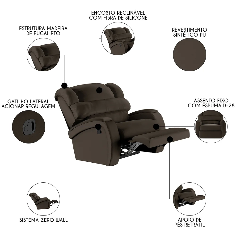 Poltrona do Papai Reclinável Kalie Manual Gatilho FH9 PU Marrom - Mpozenato