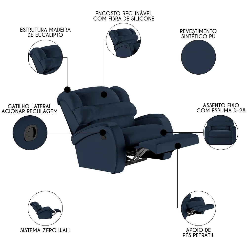 Poltrona do Papai Reclinável Kalie Manual Gatilho FH9 PU Azul - Mpozenato