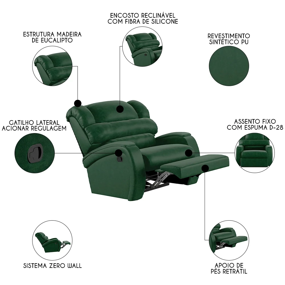 Poltrona do Papai Reclinável Kalie Manual Gatilho FH9 PU Verde Musgo - Mpozenato