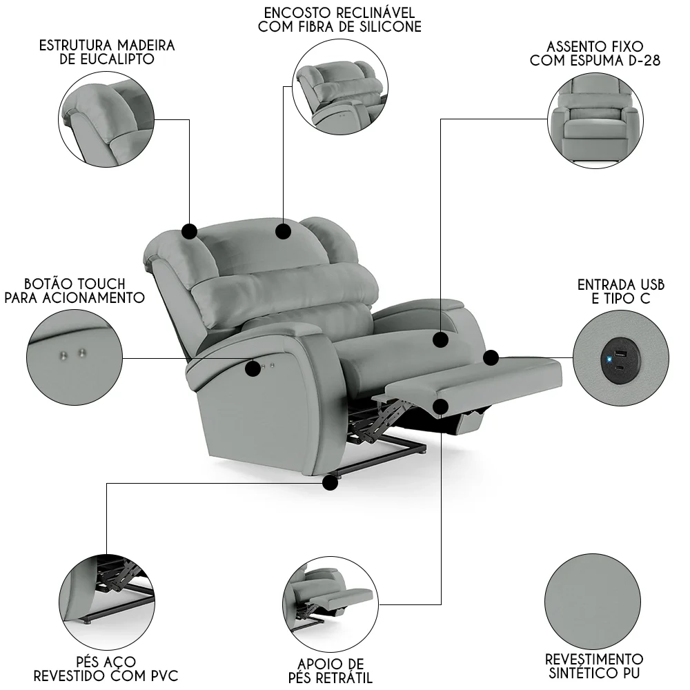 Poltrona do Papai Reclinável Kalie Power Touch USB FH9 PU Cinza - Mpozenato