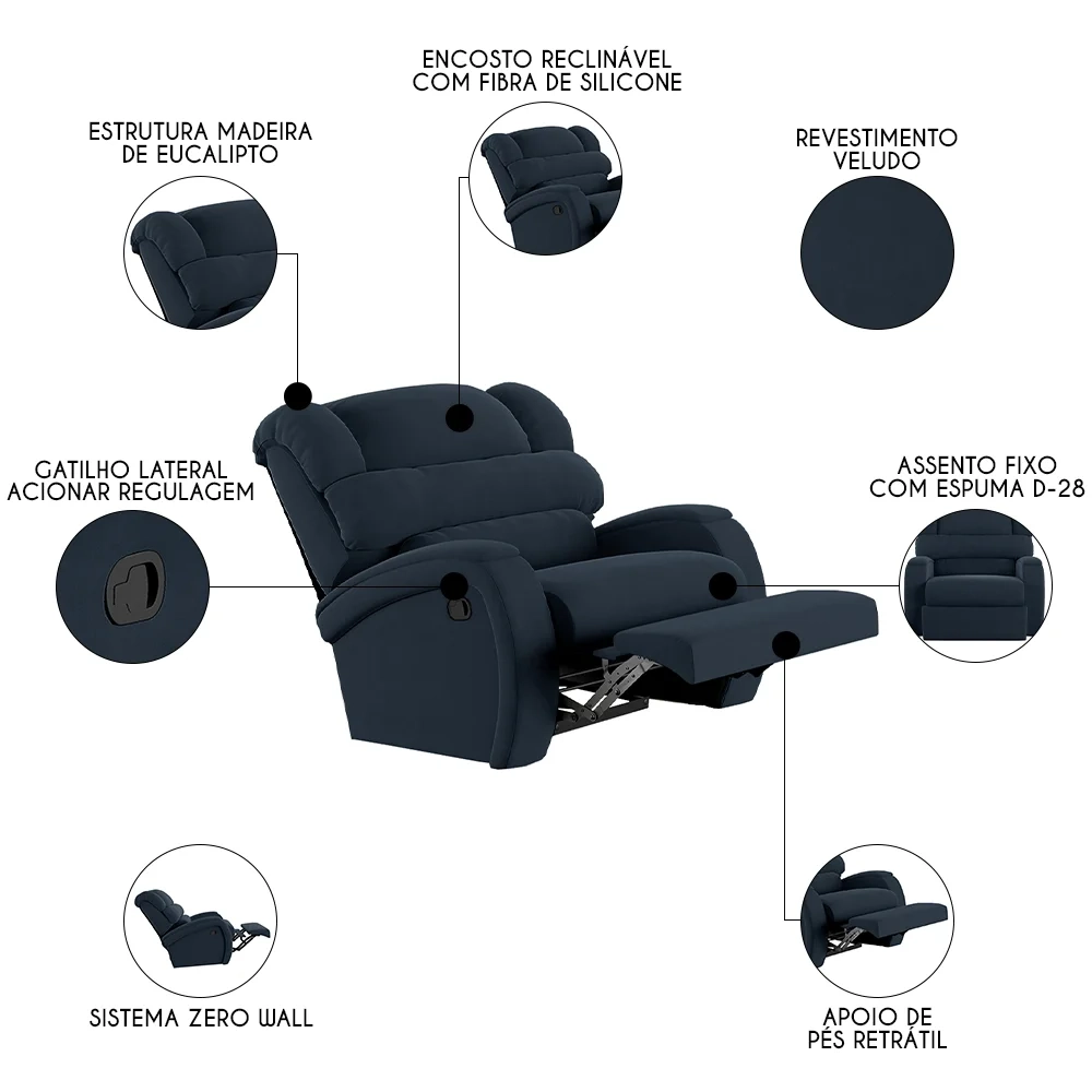 Poltrona do Papai Reclinável Kalie Manual Gatilho FH9 Veludo Azul - Mpozenato