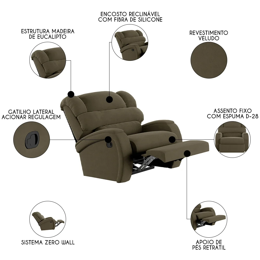 Poltrona do Papai Reclinável Kalie Manual Gatilho FH9 Veludo Capuccino - Mpozenato