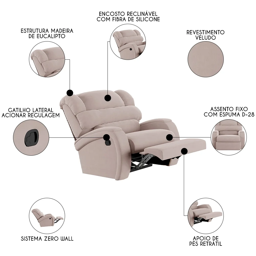 Poltrona do Papai Reclinável Kalie Manual Gatilho FH9 Veludo Rosê - Mpozenato