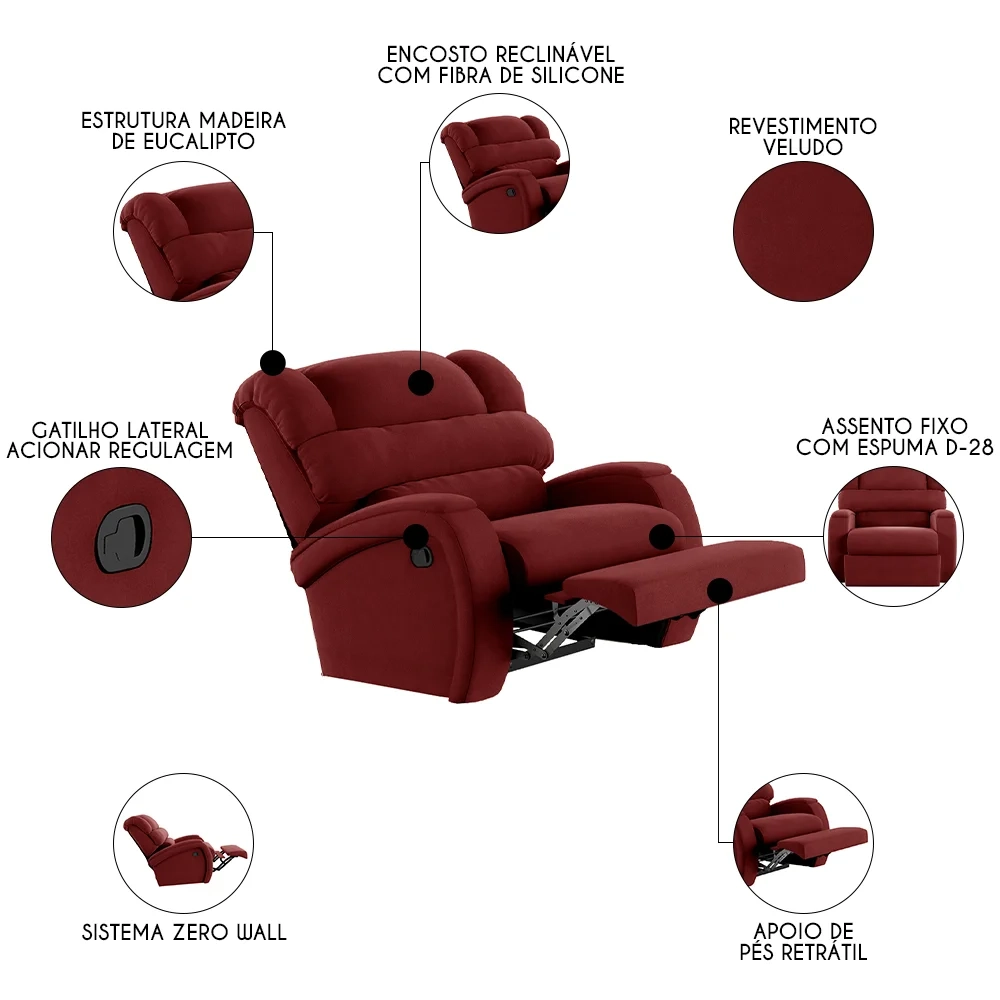 Poltrona do Papai Reclinável Kalie Manual Gatilho FH9 Veludo Vermelho - Mpozenato