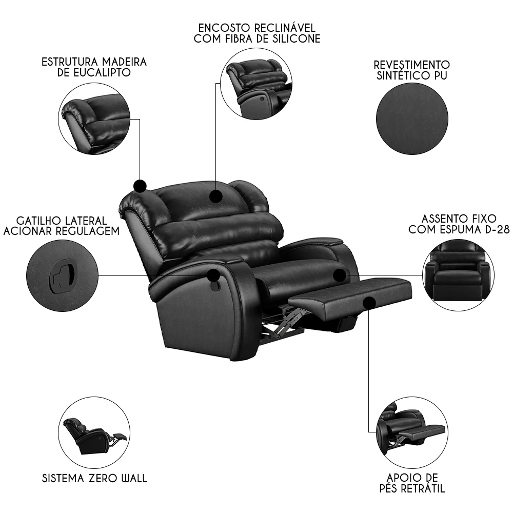 Poltrona do Papai Reclinável Kalie Manual Gatilho FH9 PU Preto Brilho - Mpozenato