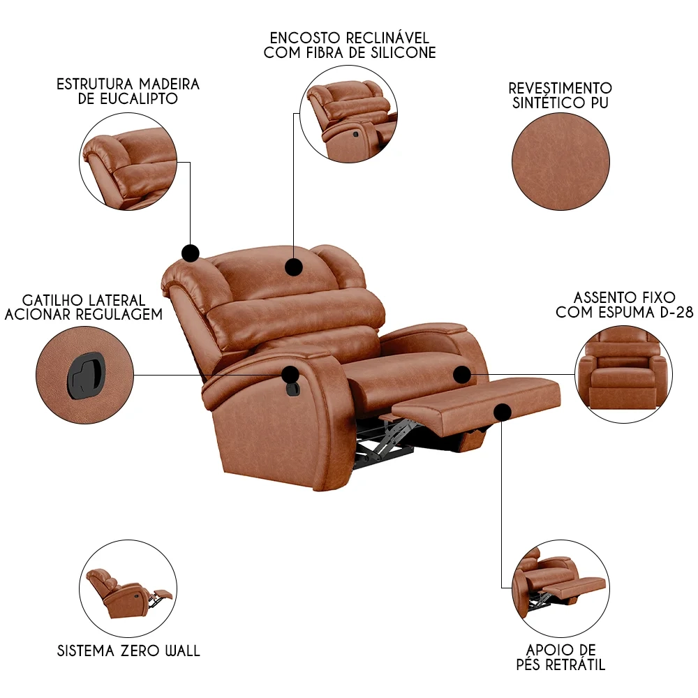 Poltrona do Papai Reclinável Kalie Manual Gatilho FH9 PU Caramelo Brilho - Mpozenato