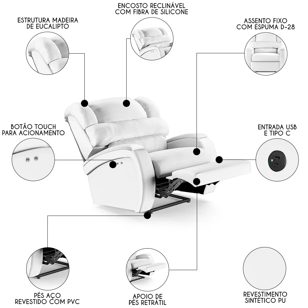 Poltrona do Papai Reclinável Kalie Power Touch USB FH9 PU Branco - Mpozenato