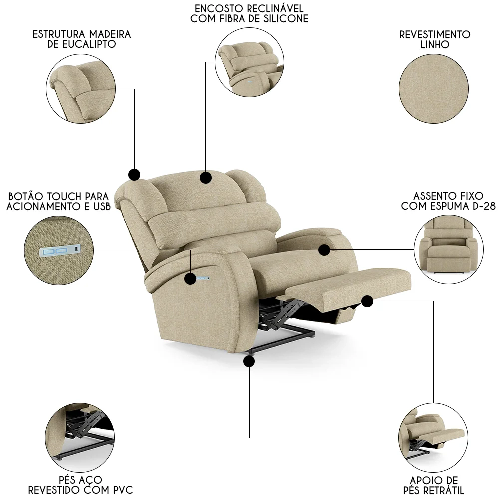 Poltrona do Papai Reclinável Kalie Elétrica Botão LED FH9 Linho Bege - Mpozenato