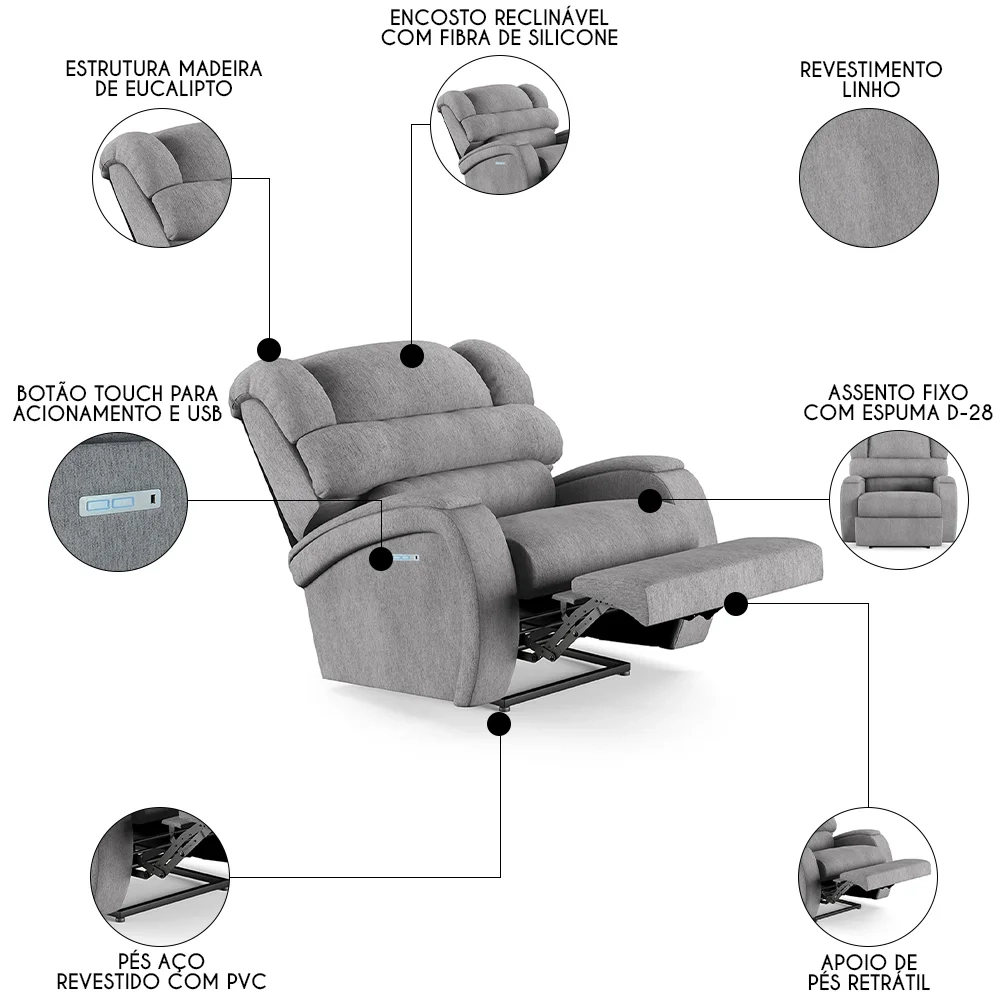 Poltrona do Papai Reclinável Kalie Elétrica Botão LED FH9 Linho Cinza - Mpozenato
