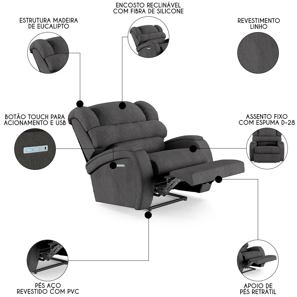 Poltrona do Papai Reclinável Kalie Elétrica Botão LED FH9 Linho Grafite - Mpozenato