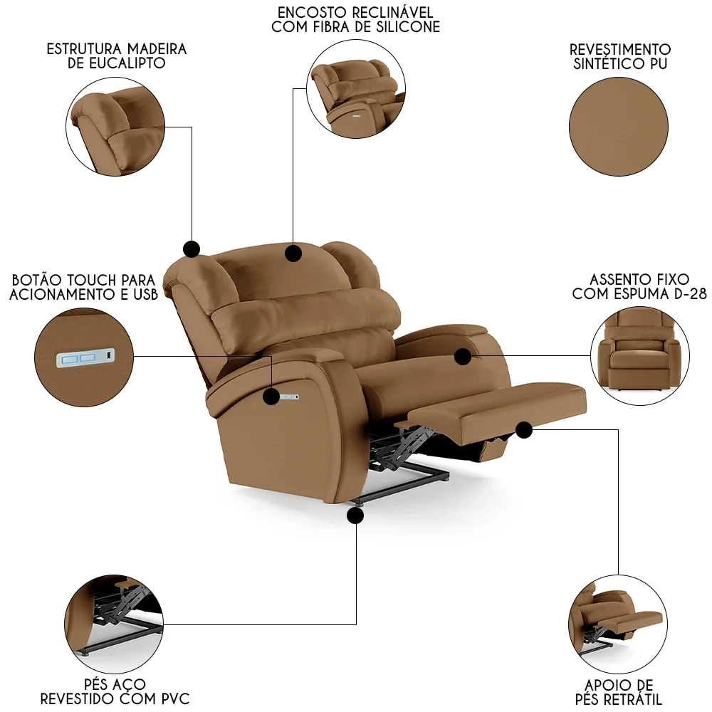 Poltrona do Papai Reclinável Kalie Elétrica Botão LED FH9 PU Caramelo - Mpozenato
