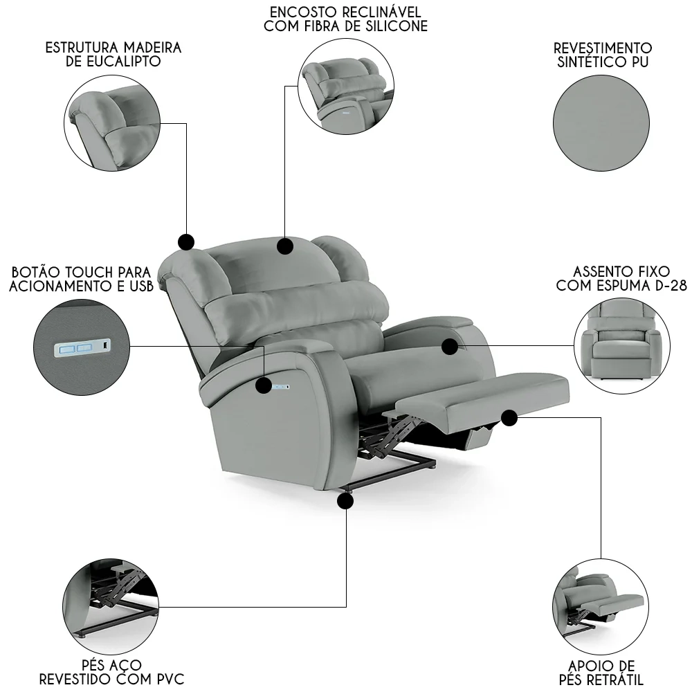 Poltrona do Papai Reclinável Kalie Elétrica Botão LED FH9 PU Cinza - Mpozenato